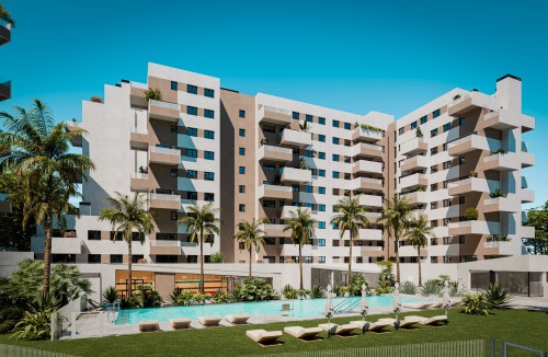 Render fotorrealista de las zonas comunes del residencial Insur Elyonia en Dos Hermanas, Sevilla. Destacan sus piscinas de diseño, áreas ajardinadas con palmeras, solárium y arquitectura contemporánea con grandes terrazas.